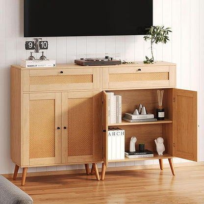 Rattan Storage Cabinet, 2-Door Oak Sideboard with Drawers, Buffet Sideboards with Storage, Elegant Boho Design for Dining Room or Living Room, 1 Drawer for Extra Organization