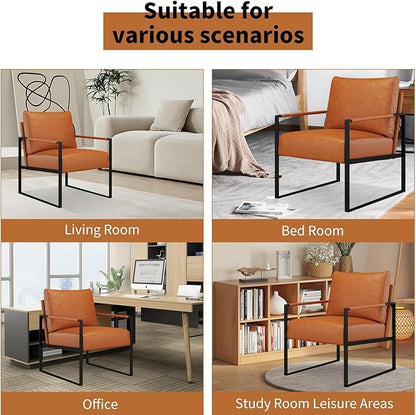 CANMOV Mid Century Modern Accent Chair, PU Leather Armchair with Metal Frame,Comfy Single Reading Chair with Soft Padded Backrest and Cushion for Living Room, Bedroom,Reading Room,Office,Brown