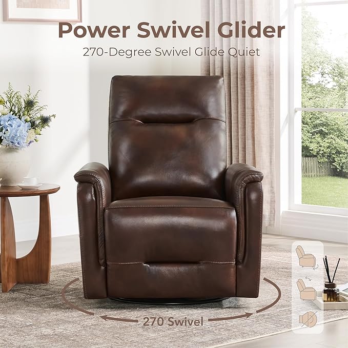 Watson & Whitely Genuine Leather Power Recliner Chairs W Power Headrest for Adults, Swivel Glider Recliner Chair W Charging Ports for Living Room, Dark Brown