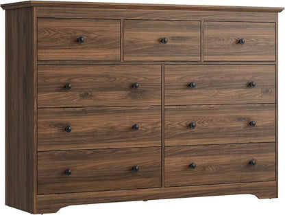 Dresser for Bedroom, 9 Drawer Dresser with Large Drawers, 55 Inch Wide Wood Chest for Living Room, Hallway, Walnut