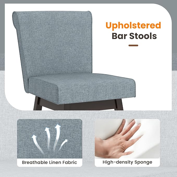 COSTWAY Swivel Bar Stools Set of 2, 27" Counter Height Bar Chairs with Rubber Wood Legs, Upholstered Linen Barstools with Back & Cushioned Seat, for Kitchen Island, Home, Grey