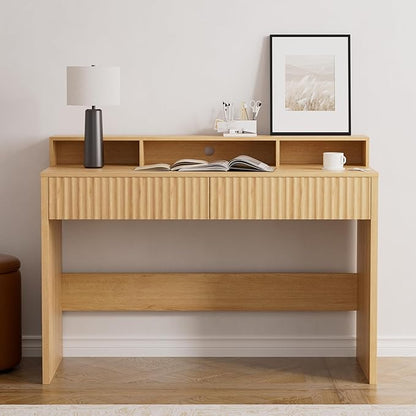 47" Fluted Office Desk with Storage Shelf, Modern Wood Executive Desk with Long Monitor Stand & 2 Drawers, Home Writing Study Computer Table Vanity Desk, Natural Oak