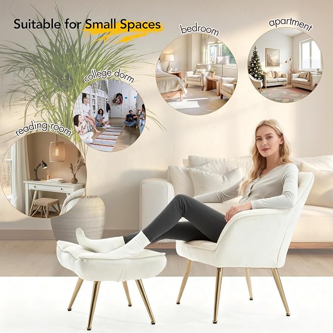 Small Accent Chair with Ottoman, Velvet Upholstered Lounge Chair with Footrest, Comfy Reading Armchair with Gold Legs for Living Room Bedroom, Beige