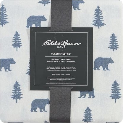 Eddie Bauer - Flannel Sheets Twin Size, Anti-Pilling & Wrinkle Resistant Cotton, Touchably Soft for All-Season Comfort - Bed Sheets with Matching Pillowcase & Fitted Sheet (Bears and Trees Blue)