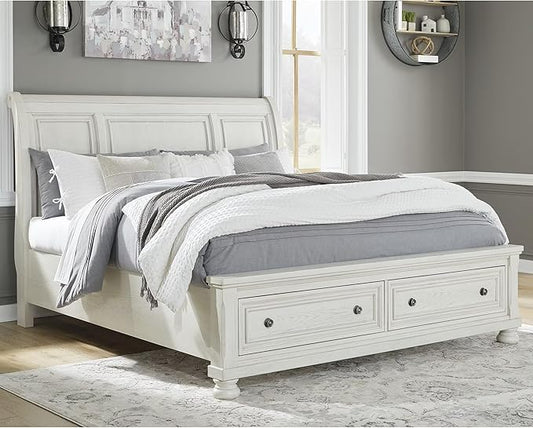 Signature Design by Ashley Robbinsdale Casual California King Sleigh Platform Bed with 2 Drawers, Foundation or Box Spring Not Needed, White