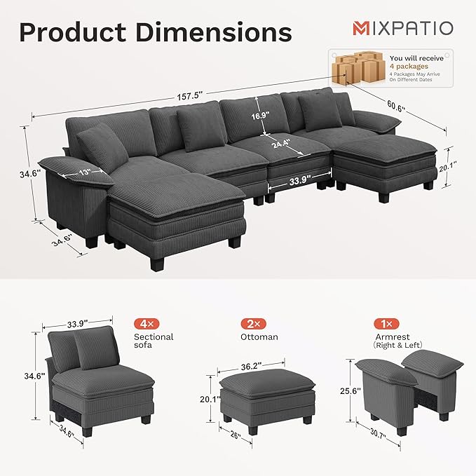 157-Inch U Shaped Sectional Sofa with Cloud Cushions, Deep Seat Modular Couch Set w/ 6 Seats & 2 Ottomans, Removable Arms, Plush Corduroy Upholstery for Living Room, Apartment - Gray
