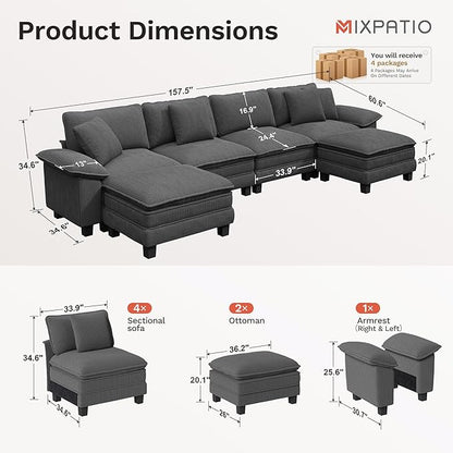 157-Inch U Shaped Sectional Sofa with Cloud Cushions, Deep Seat Modular Couch Set w/ 6 Seats & 2 Ottomans, Removable Arms, Plush Corduroy Upholstery for Living Room, Apartment - Gray