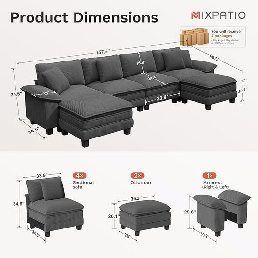 157-Inch U Shaped Sectional Sofa with Cloud Cushions, Deep Seat Modular Couch Set w/ 6 Seats & 2 Ottomans, Removable Arms, Plush Corduroy Upholstery for Living Room, Apartment - Gray