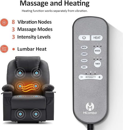 MCombo Dual Motor Large Power Lift Recliner Chair for Elderly, Lay Flat Lift Chair with Heat and Massage, Big Lift Recliner for Tall People, Faux Leather 7815 (Black, Large)