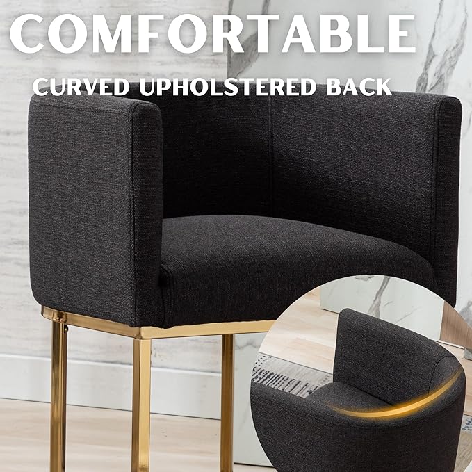 Linen Bar Stools Set of 3, 24" Contemporary Upholstered Fabric Counter Height Bar Stools Kitchen Counter Island Stools Barstools with Golden Metal Base, Charcoal