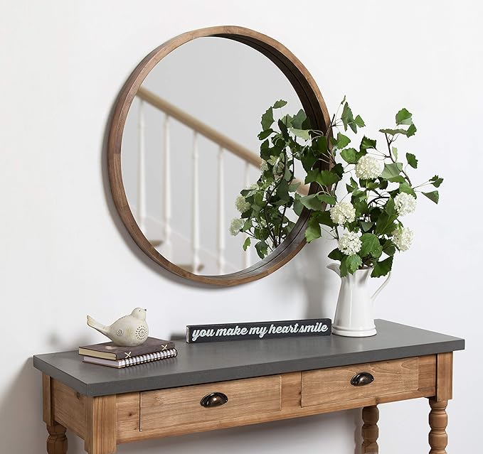 Kate and Laurel Hutton Round Decorative Wood Frame Wall Mirror, 30 Inch Diameter, Natural Rustic