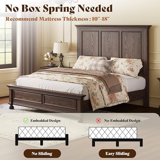 AMERLIFE Solid Wood King Bed Frame with 65.2" High Headboard, Traditional Platform Bed with Heavy Duty Slats, No Box Spring Needed, Easy Assembly, Dark Brown