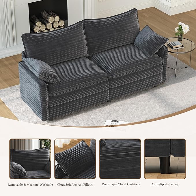 Vesgantti 74" Loveseat Sofa for Living Room, Comfy Cloud Couch Deep Seat Corduroy Modern 2 Seater Small Sofa with Armrest Pillow, Easy Assembly for Small Spaces, Gray