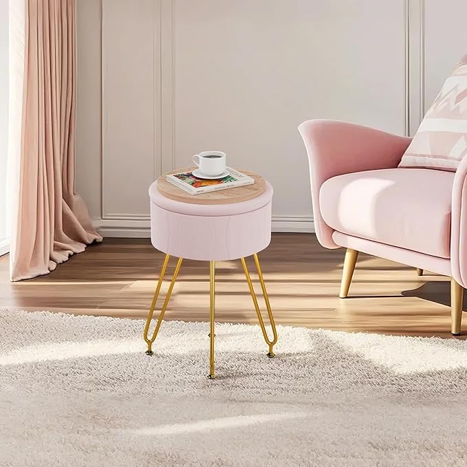 VECELO Vanity Stool with Storage, Velvet Chair for Vanity, Strong Metal Legs, Anti-Slip Feet, Padded Seat for Make Up, Bedroom, Living Room, Entryway, Pink