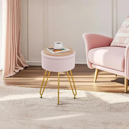 VECELO Vanity Stool with Storage, Velvet Chair for Vanity, Strong Metal Legs, Anti-Slip Feet, Padded Seat for Make Up, Bedroom, Living Room, Entryway, Pink