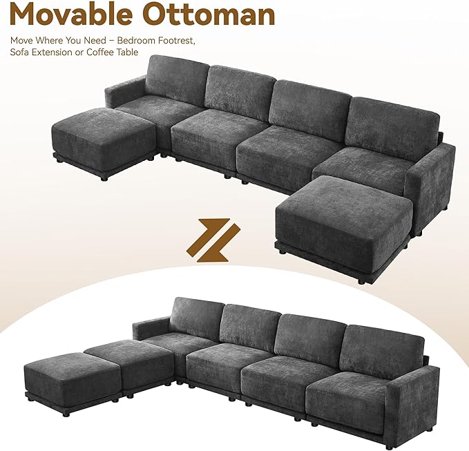 143.8" Modular Sectional Sofa Modern Chenille U-Shaped Couch with Thickened Seat Cushions, Easy Assembly, Upholstered 6 Seater Couch with 2 Movable Ottomans for Living Room, Grey