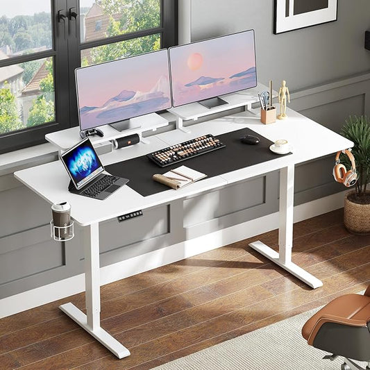 ONBRILL Standing Desk with 2 Adjustable Monitor Shelves, 63 x 24 Inch Electric Stand Up Desk with Memory Controller and Adjustable Height from 28-46 inches for Computer Workstations, All White