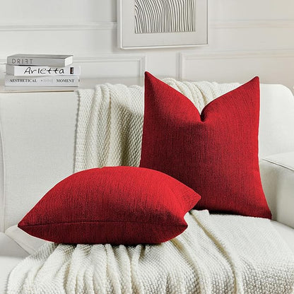 FUTEI Christmas Red Chenille Decorative Throw Pillow Covers 12x20 Inch Set of 2,Soft Cozy Faux Linen Textured Lumbar Pillow Cases,Farmhouse Home Decor for Couch Living Room