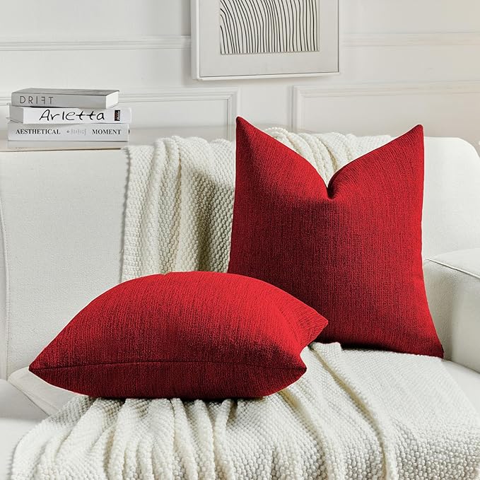 FUTEI Christmas Red Chenille Decorative Throw Pillow Covers 16x16 Inch Set of 2,Soft Cozy Faux Linen Textured Cushion Case,Farmhouse Home Decor for Couch Living Room