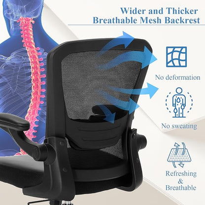 Ergonomic Office Chair 400lbs PU Leather Mesh Desk Chair with Lumbar Support, Flip-Up Arms, Swivel Wheels, Adjustable Height, Rolling Executive Computer Task Chair for Home Office,Black