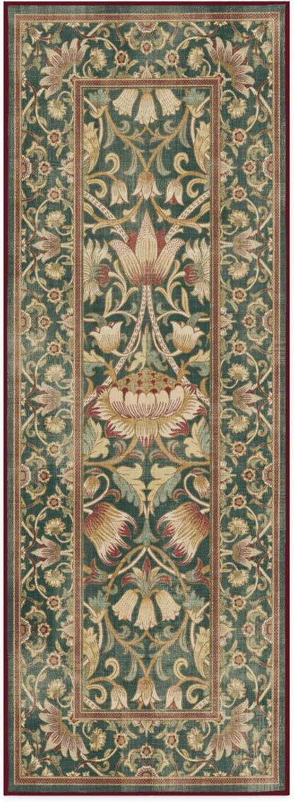 RUGGABLE x Morris & Co Machine Washable Christmas Runner Rug–Lodden Soft Evergreen & Gold 2.5x7, Stain-Resistant, Non-Slip –Washable Rug for Hallway, Entryway, Living Room & Kitchen–with Standard Pad