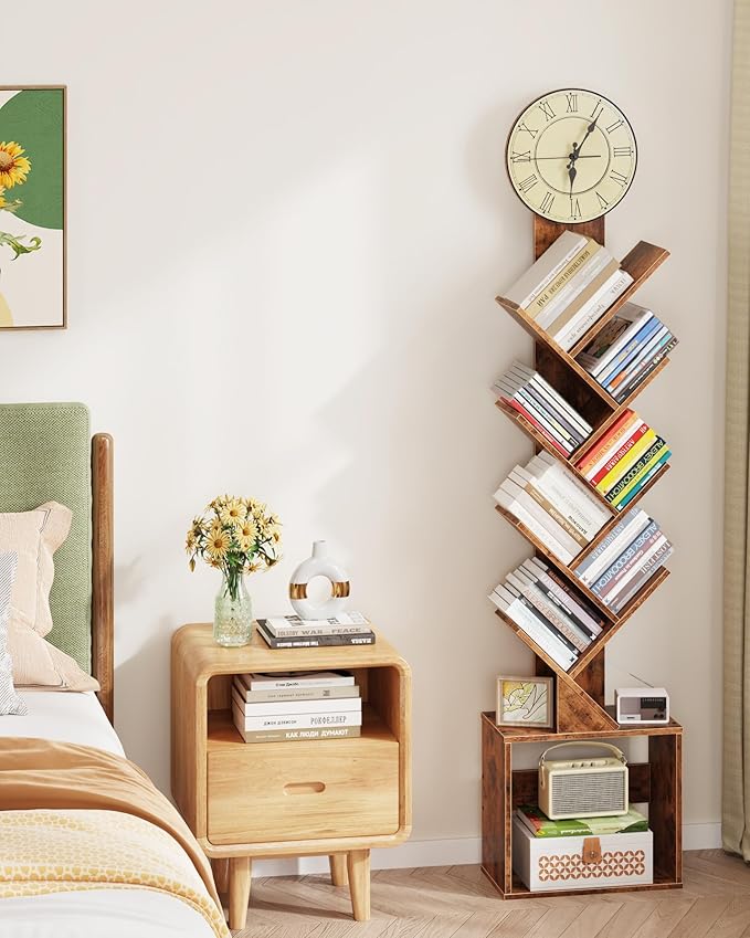 7 Tier Tree Bookshelf with Clock and Storage Cabinet, Small Narrow Floor Standing Bookcase for Bedroom, Living Room, Home Office, Rustic Brown