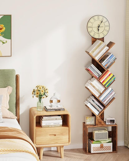 7 Tier Tree Bookshelf with Clock and Storage Cabinet, Small Narrow Floor Standing Bookcase for Bedroom, Living Room, Home Office, Rustic Brown