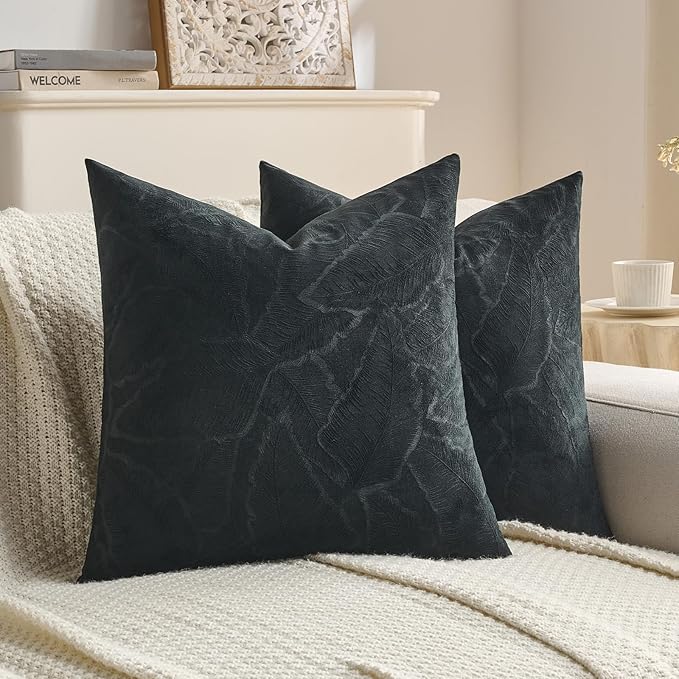 FUTEI Black Velvet Throw Pillow Covers 26x26 Inch Set of 2,Soft Embossed Leaf-Relief Textured Euro Pillow Shams,Natural Home Decor for Couch Living Room