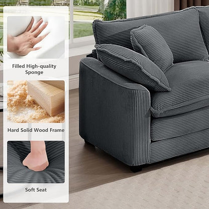 mikibama Luxury 3 Piece Sofa Set, Loveseat Couch & 2 Single Sofa Set, Modern Corduroy Comfy Cloud Couches Set for Living Room Office with 2 Armrest Pillows and 4 Toss Pillows, Grey