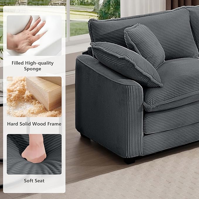 mikibama Luxury 2 Piece Sofa Set, Loveseat Couch & Sofa Armchair Set, Modern Corduroy Comfy Cloud Couches Set for Living Room Office with 2 Armrest Pillows and 3 Toss Pillows, Grey