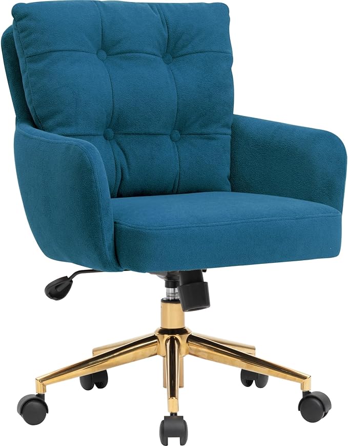 Velvet Office Chair, Comfy Home Office Desk Chairs with Lumbar Support, Modern Velvet Desk Chair Gold Legs Small Swivel Task Chair for Home Office, Bedroom, Study (Blue, L)