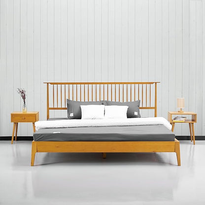 NTC Ruby Wooden Bed Frame with Headboard, Solid Oak and Rubber Wood Foundation with Silent Slats and Wood Central Supports, 1000 Lb Capacity, Effortless Assembly, Queen - Rustic Oak