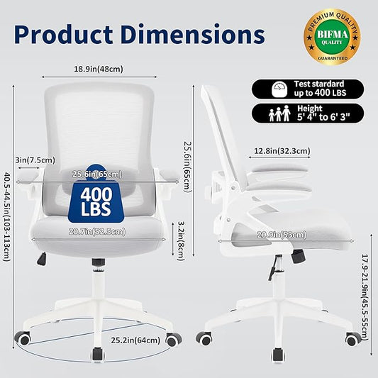 Ergonomic Office Chair, Desk Chair with Adjustable Lumbar Support, Breathable Mesh Comfy Computer Chairs with Flip-up Armrests Executive Task Chair for Adults Home Office(Gray)