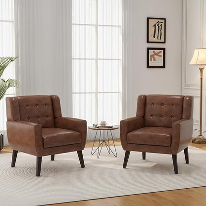 Accent Chair, Mid-Century Modern PU Leather Chairs with Arms for Living Room, Comfy Upholstered Club Single Sofa Armchair for Bedroom Waiting Room with Solid Wood Frame-Leather Coffee, Set of 1