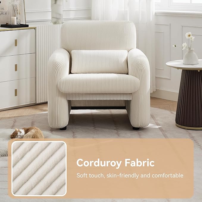 Corduroy Fabric Accent Chairs Set of 2, Modern Upholstered Living Room Chairs with Lumbar Pillow, Wide Comfy Leisure Armchair for Bedroom, Office, Reading, White