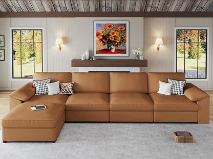 EASE MOOSE Oversized Modular Sectional Sofa,Modern Deep Seat Faux Leather Sectional,Extra Large L Shaped Couch,Comfy Scratch Resistant Material,Brown