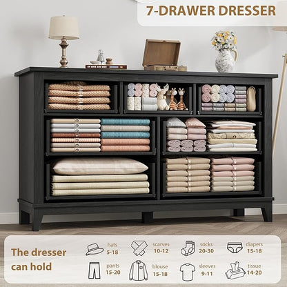 GarveeHome 7 Dresser for Bedroom, 54 in Wide Drawer Dresser with Storage Freestanding, Wooden Closet Storage Chest for Living Room, Bedroom, Entryway, Black