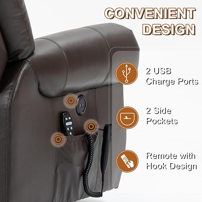 Luxlen Power Lift Recliner Chair for Elderly, Dual Motor Massage Recliner with Lumbar Heat, Heavy Duty Motion Mechanism Lift Chair with Charge Ports, Genuine Leather - Antique Brown