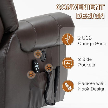 Luxlen Power Lift Recliner Chair for Elderly, Dual Motor Massage Recliner with Lumbar Heat, Heavy Duty Motion Mechanism Lift Chair with Charge Ports, Genuine Leather - Antique Brown