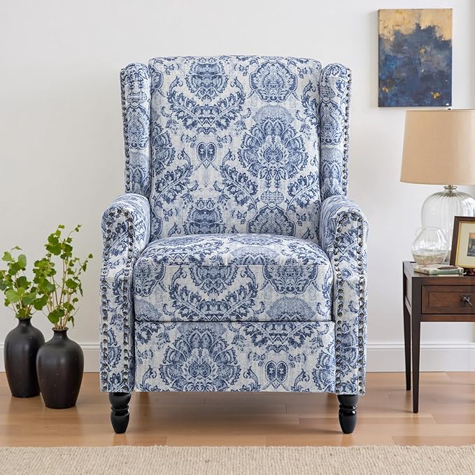 UIXE Pushback Floral Recliner Chair, Fabric Upholstered Armchair Push Back Accent Chair for Living Room, Rivet Trim Club Chair Home Theater Single Sofa Bedroom Reading Seat - Navy