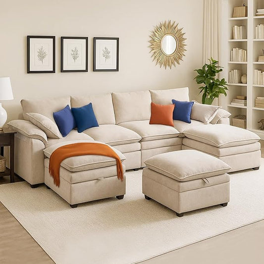 130" U Shaped Modular Sectional Sofa, Couch with Ottoman Storage, Chenille Cloud Couch with Plush Deep Seating for Living Room, Bedroom (7 Seat, Beige)