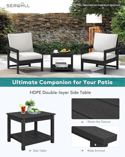 SERWALL Outdoor Patio Sofa Set, 2-Piece HDPE Single Seat Outdoor Sofa Chair with Padded Cushions, Black Frame with Beige Cushion