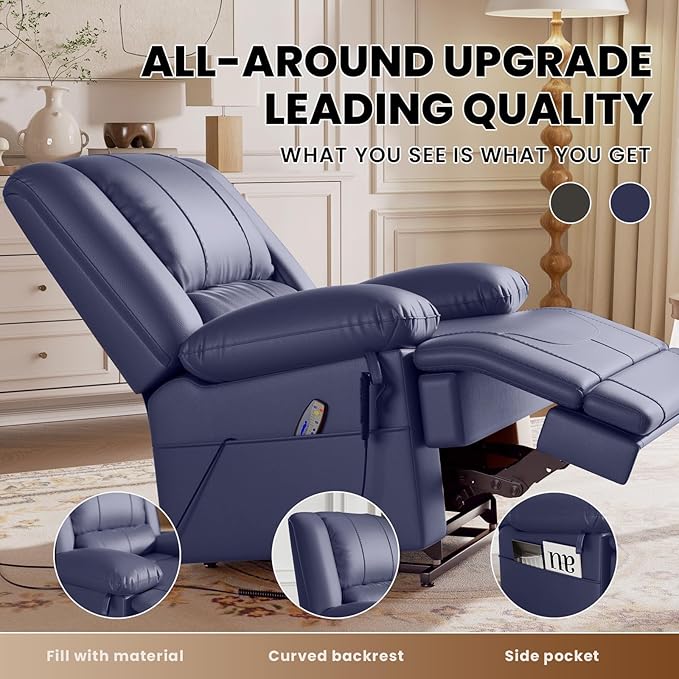 Large Dual Motor Power Lift Recliner Chair with Massage and Heat for Elderly People, Infinite Position,USB Ports and Remote Control,Breathable Leather (Blue)
