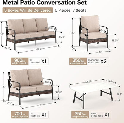 5 Piece Metal Outdoor Patio Furniture Set, Patio Conversation Sets 1 3-Seater Sofa, 2-Seater Sofa, 2 Fixed Sofa with 5.75" Thick Cushion & Coffee Table Black Backyard Furniture, Beige