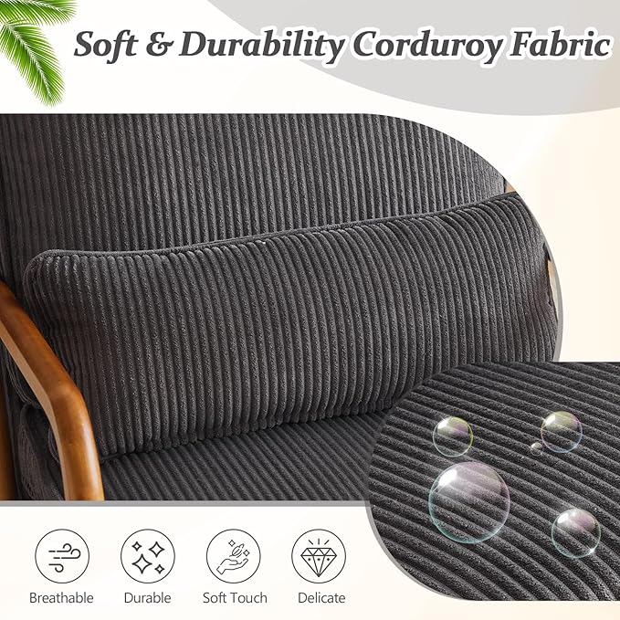 VINGLI Upgraded Premium Corduroy Accent Chair,Upholstered Arm Chair,Solid Wood Comfy Reading Chair with Lumbar Pillow, Mid Century Modern Chairs for Living Room,Bedroom,Dark Grey