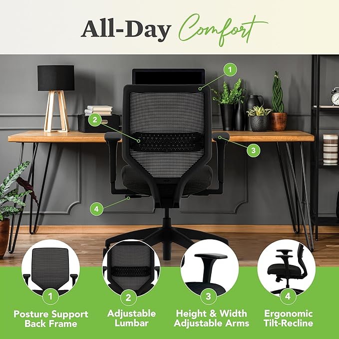 HON Solve Task Chair, Ergonomic Office Chair Mesh Back Support, Adjustable Lumbar Support, with Wheels, Height-Adjustable Arms, for Computers, Desks, Home Office, Blue