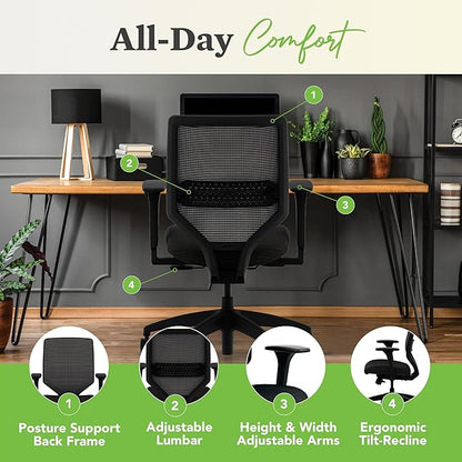 HON Solve Task Chair, Ergonomic Office Chair Mesh Back Support, Adjustable Lumbar Support, with Wheels, Height-Adjustable Arms, for Computers, Desks, Home Office, Blue