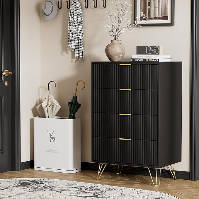 Black Dresser for Bedroom, Modern Wide Dresser with Gold Pulls and 4 Drawers for Bedroom, Closets, 15.7" D x 23.6" W x 37.4" H