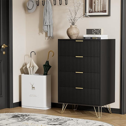Black Dresser for Bedroom, Modern Wide Dresser with Gold Pulls and 4 Drawers for Bedroom, Closets, 15.7" D x 23.6" W x 37.4" H