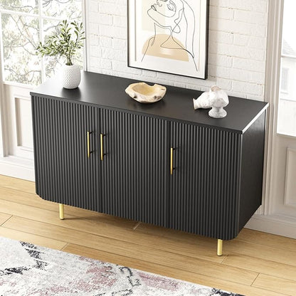 Set of 2 Fluted Black Storage Cabinets, Modern 3-Door Sideboard Buffet Cabinet with Adjustable Shelves and Metal Legs, Accent Cabinet for Kitchen, Living Room, Entryway (Black & Gold)